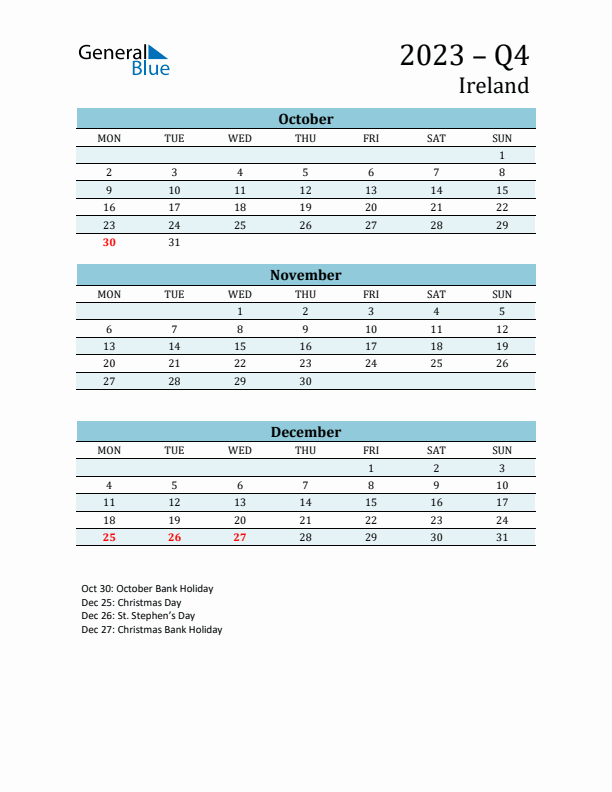 Three-Month Planner for Q4 2023 with Holidays - Ireland