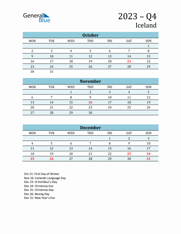 Three-Month Planner for Q4 2023 with Holidays - Iceland