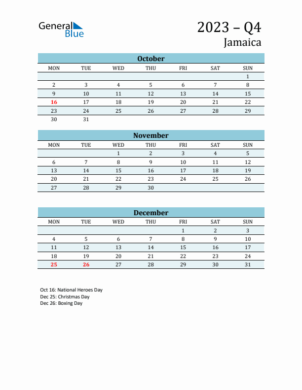 Three-Month Planner for Q4 2023 with Holidays - Jamaica