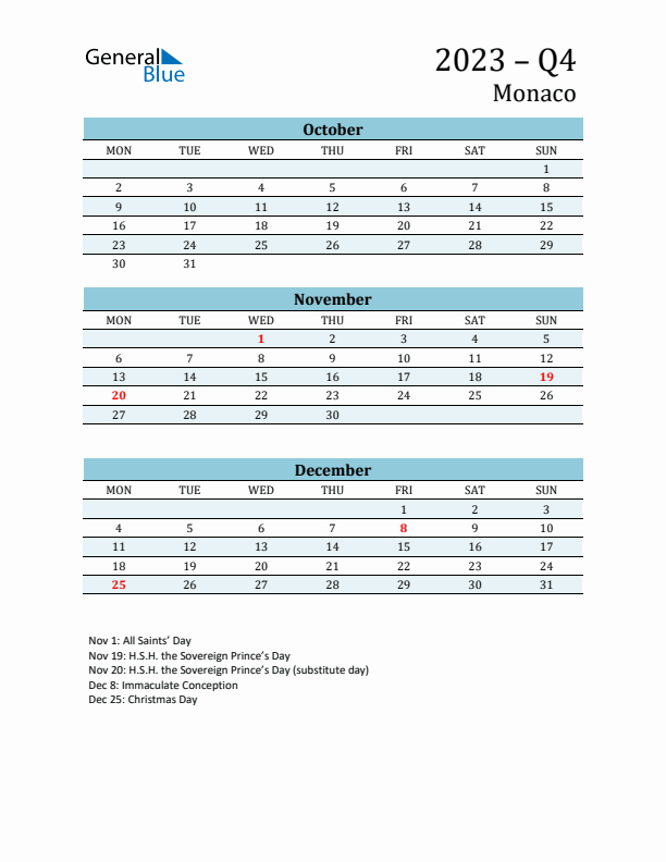 Three-Month Planner for Q4 2023 with Holidays - Monaco