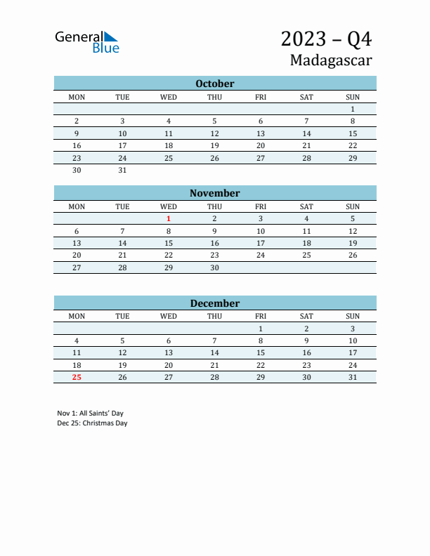 Three-Month Planner for Q4 2023 with Holidays - Madagascar
