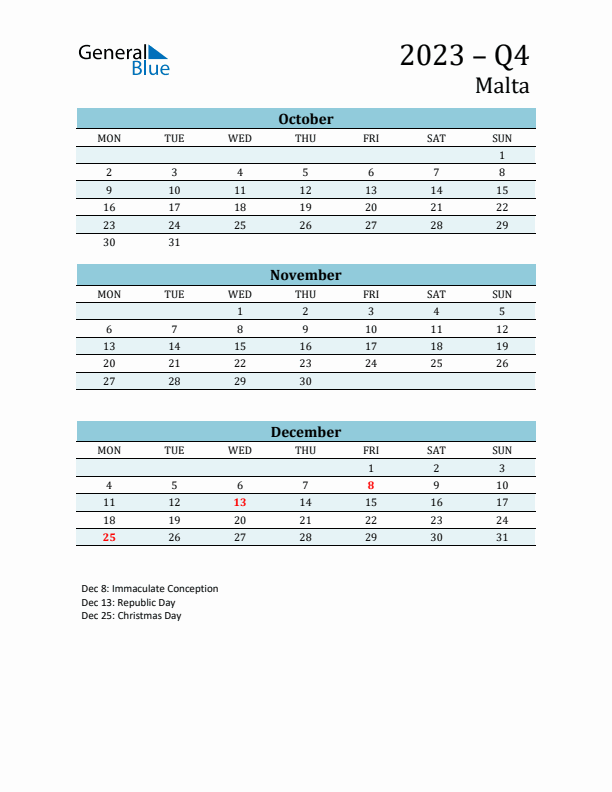 Three-Month Planner for Q4 2023 with Holidays - Malta