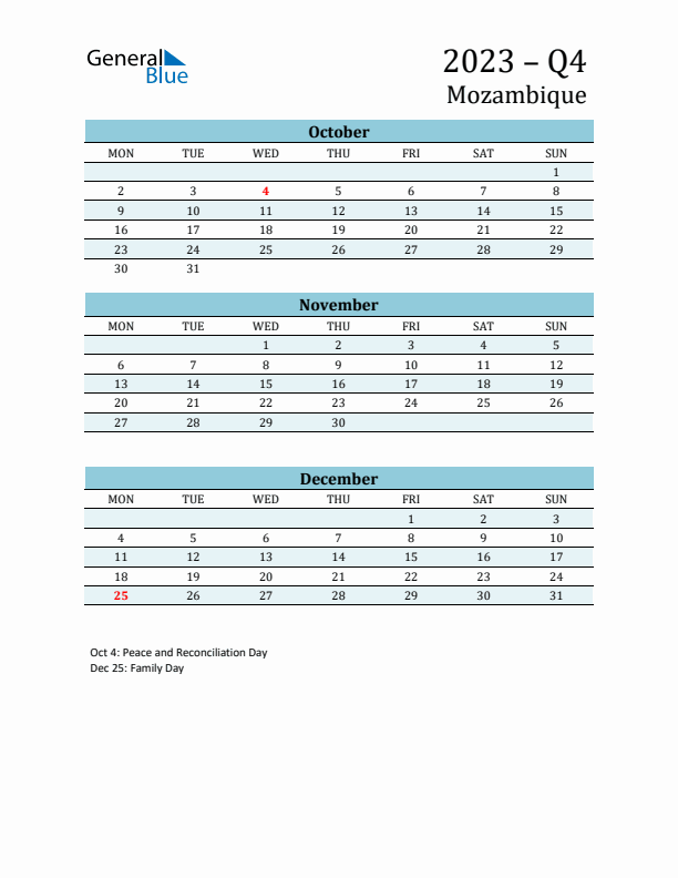 Three-Month Planner for Q4 2023 with Holidays - Mozambique