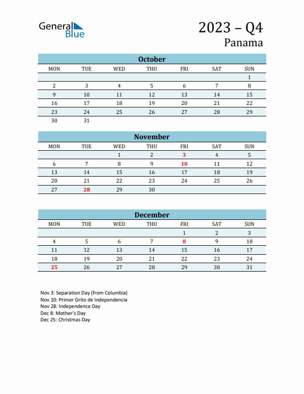 Three-Month Planner for Q4 2023 with Holidays - Panama