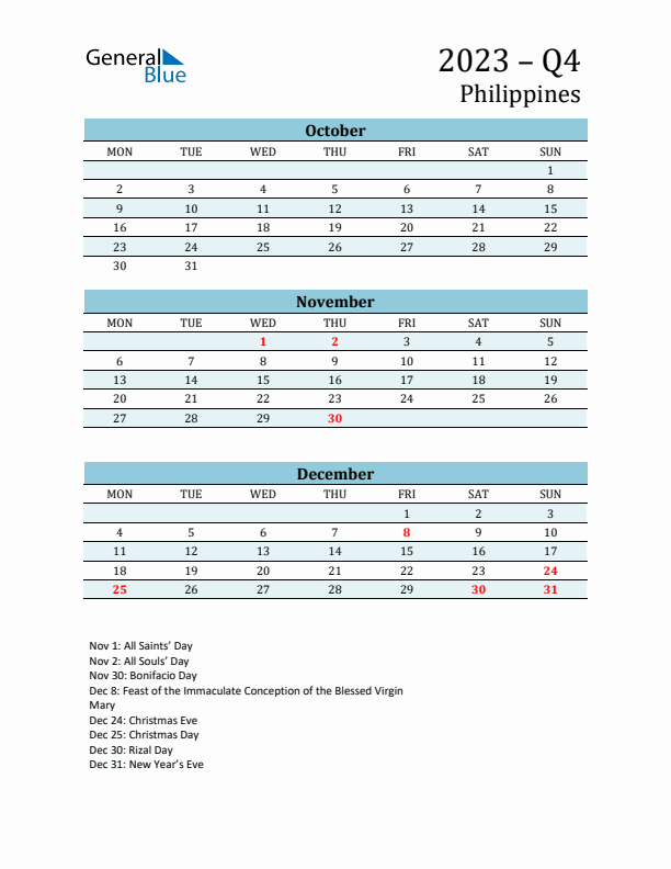 Three-Month Planner for Q4 2023 with Holidays - Philippines
