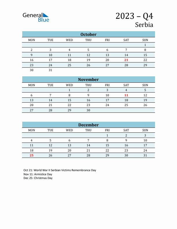 Three-Month Planner for Q4 2023 with Holidays - Serbia