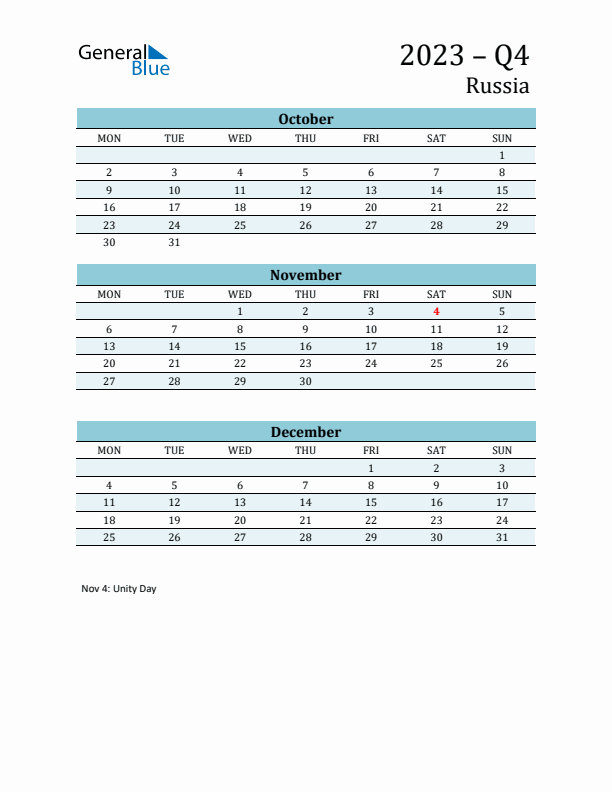 Three-Month Planner for Q4 2023 with Holidays - Russia