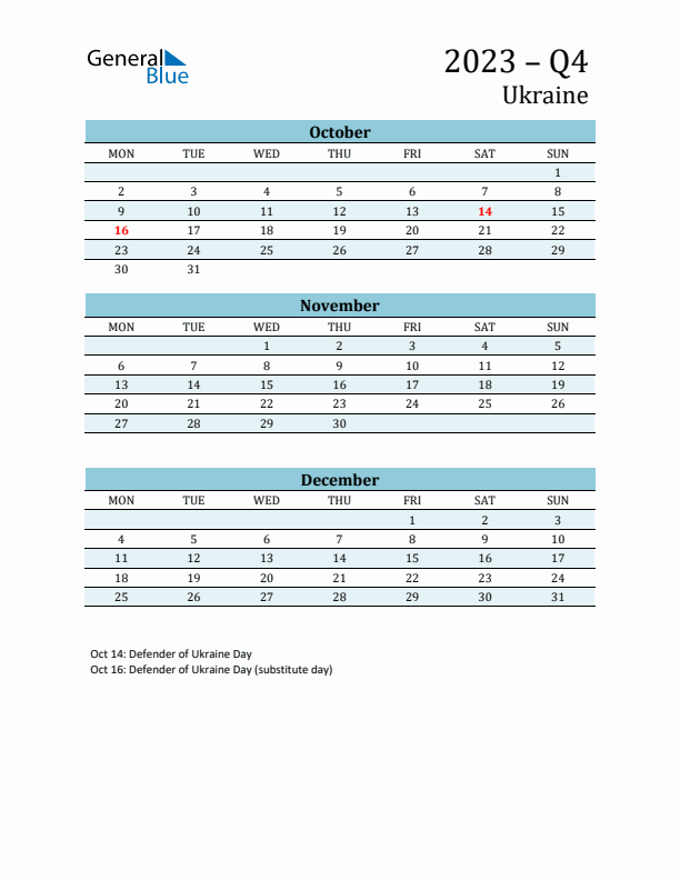 Three-Month Planner for Q4 2023 with Holidays - Ukraine