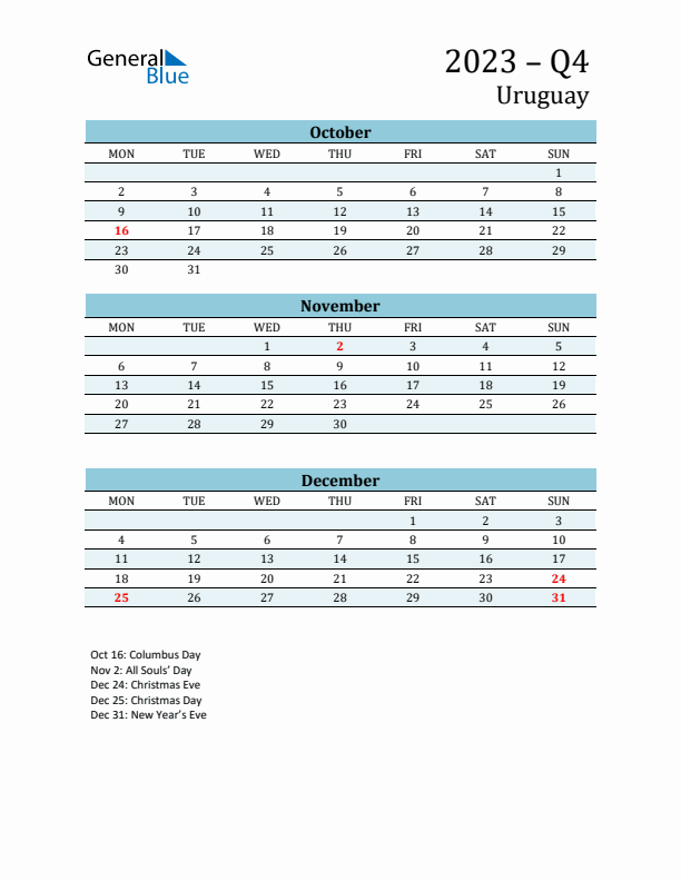 Three-Month Planner for Q4 2023 with Holidays - Uruguay