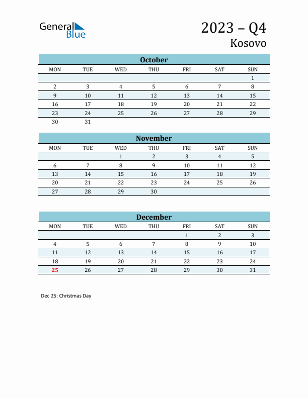 Three-Month Planner for Q4 2023 with Holidays - Kosovo
