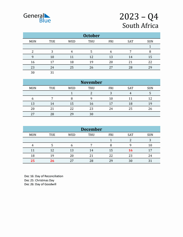 Three-Month Planner for Q4 2023 with Holidays - South Africa