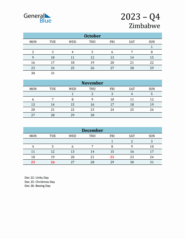 Three-Month Planner for Q4 2023 with Holidays - Zimbabwe