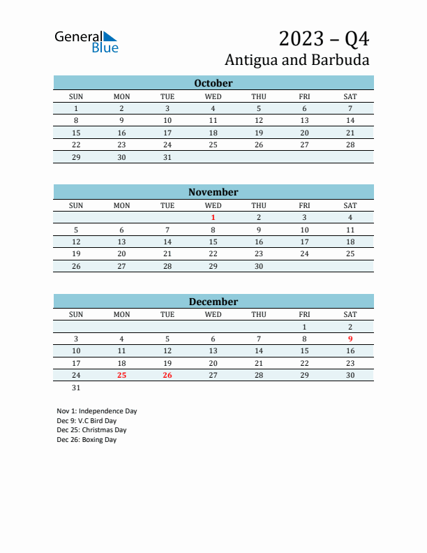 Three-Month Planner for Q4 2023 with Holidays - Antigua and Barbuda