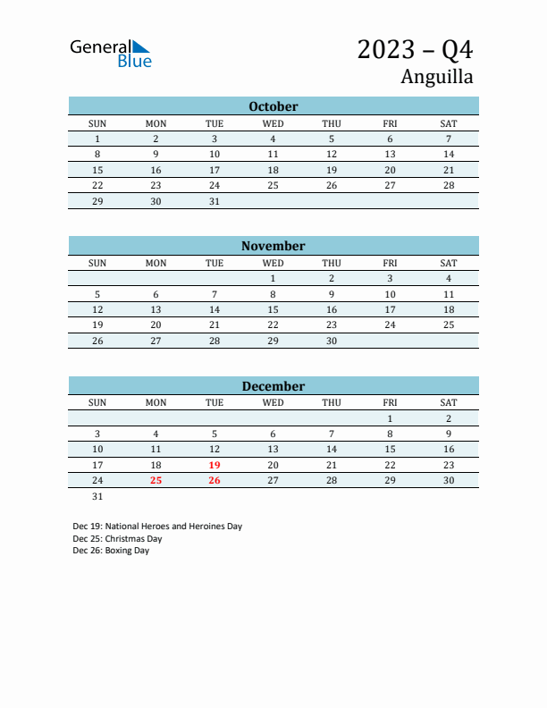 Three-Month Planner for Q4 2023 with Holidays - Anguilla