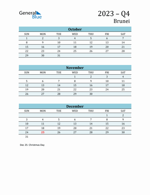 Three-Month Planner for Q4 2023 with Holidays - Brunei