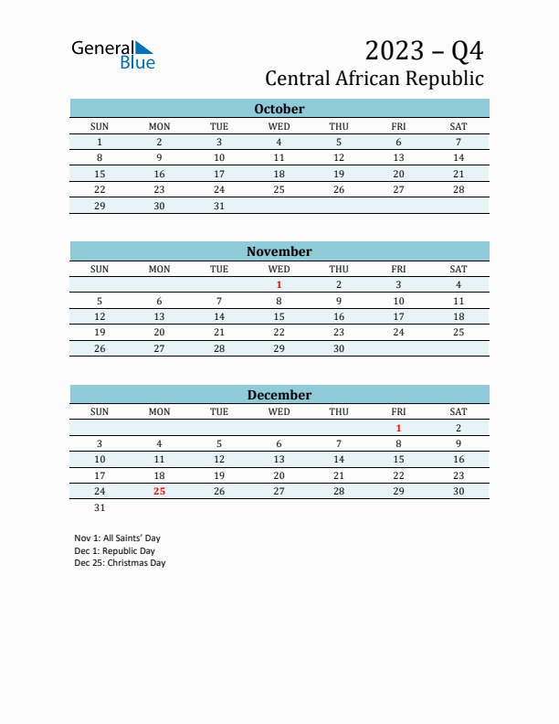 Three-Month Planner for Q4 2023 with Holidays - Central African Republic