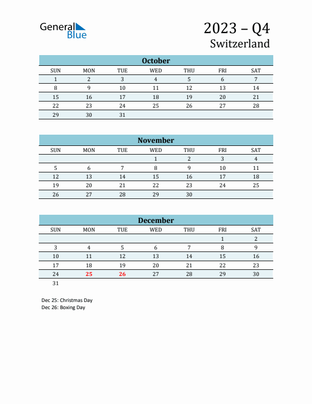 Three-Month Planner for Q4 2023 with Holidays - Switzerland
