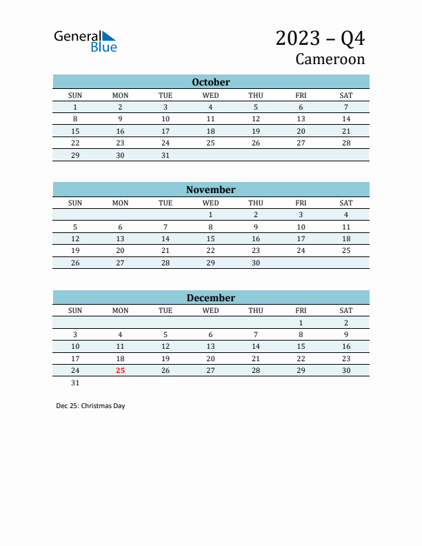 Three-Month Planner for Q4 2023 with Holidays - Cameroon