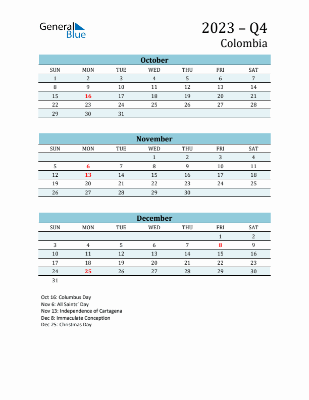 Three-Month Planner for Q4 2023 with Holidays - Colombia
