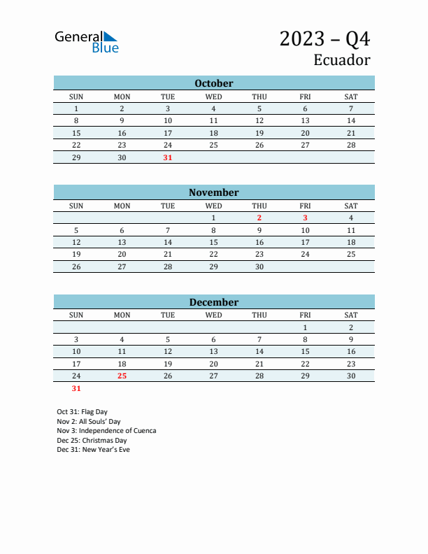 Three-Month Planner for Q4 2023 with Holidays - Ecuador