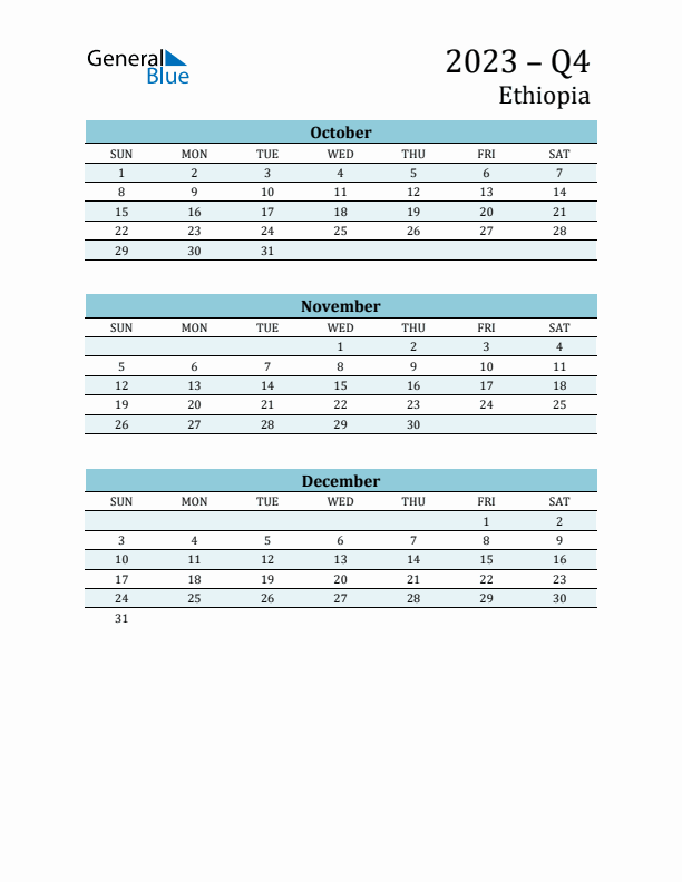 Three-Month Planner for Q4 2023 with Holidays - Ethiopia