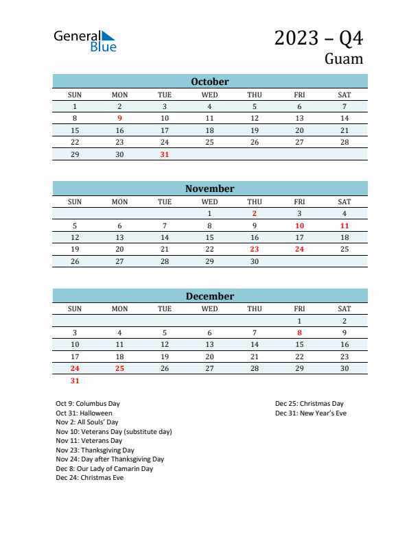 Three-Month Planner for Q4 2023 with Holidays - Guam