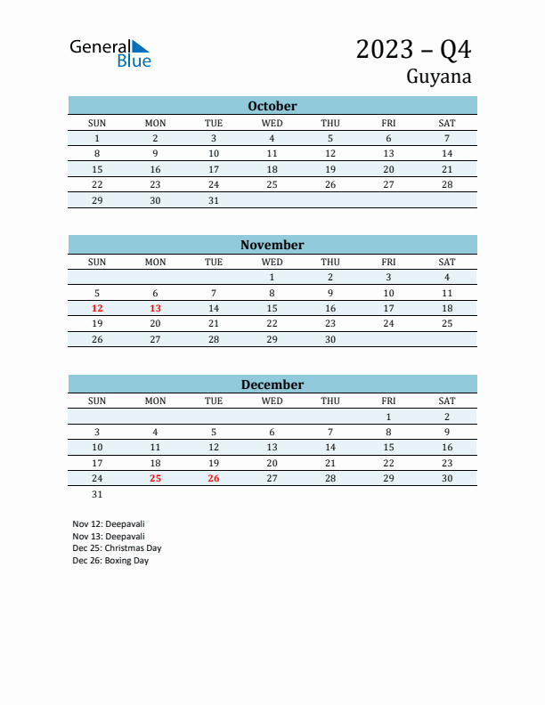 Three-Month Planner for Q4 2023 with Holidays - Guyana