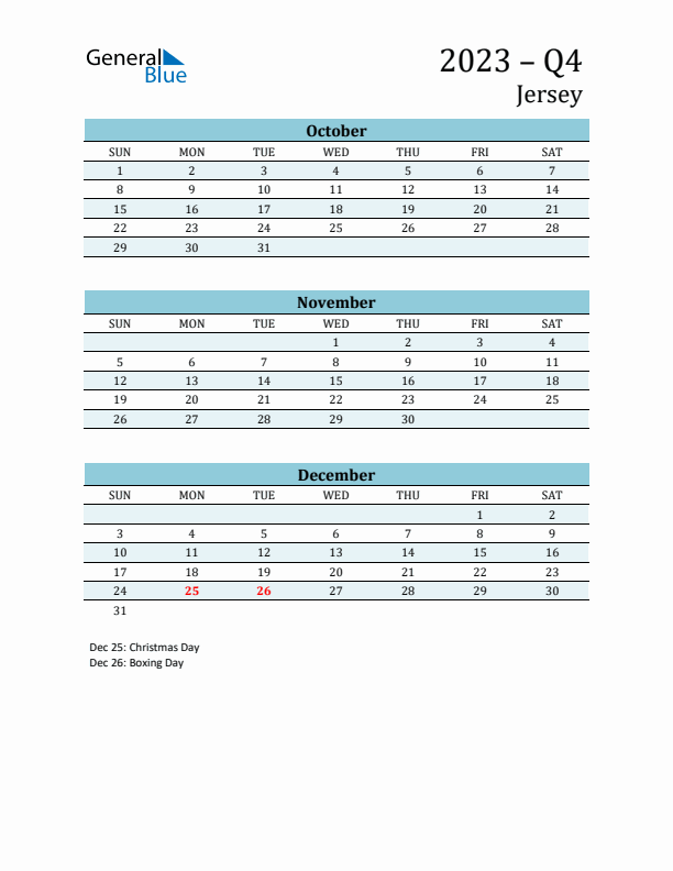 Three-Month Planner for Q4 2023 with Holidays - Jersey