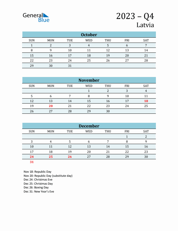 Three-Month Planner for Q4 2023 with Holidays - Latvia
