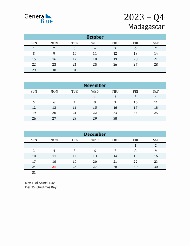 Three-Month Planner for Q4 2023 with Holidays - Madagascar