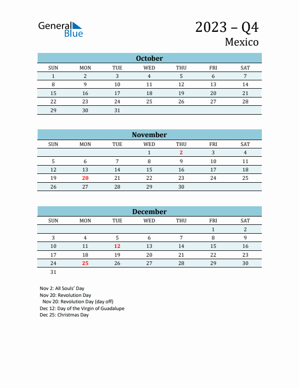 Three-Month Planner for Q4 2023 with Holidays - Mexico
