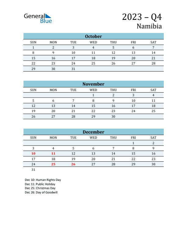 Three-Month Planner for Q4 2023 with Holidays - Namibia
