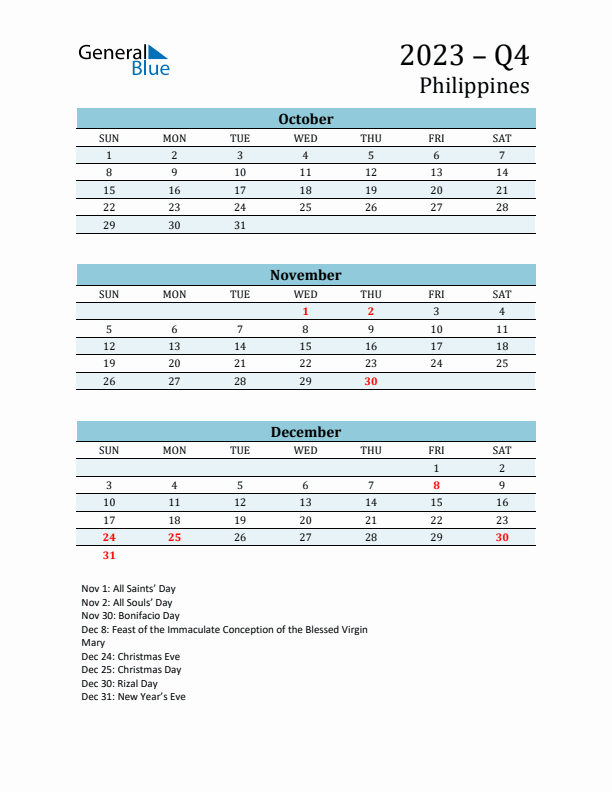 Three-Month Planner for Q4 2023 with Holidays - Philippines