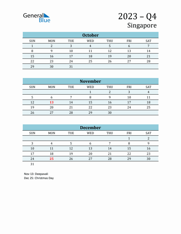 Three-Month Planner for Q4 2023 with Holidays - Singapore