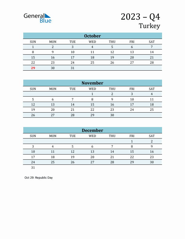 Three-Month Planner for Q4 2023 with Holidays - Turkey