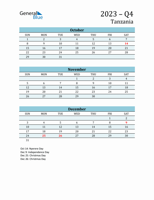 Three-Month Planner for Q4 2023 with Holidays - Tanzania
