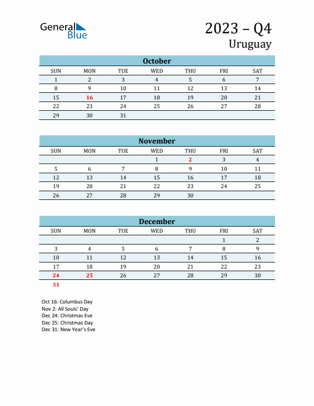 Three-Month Planner for Q4 2023 with Holidays - Uruguay