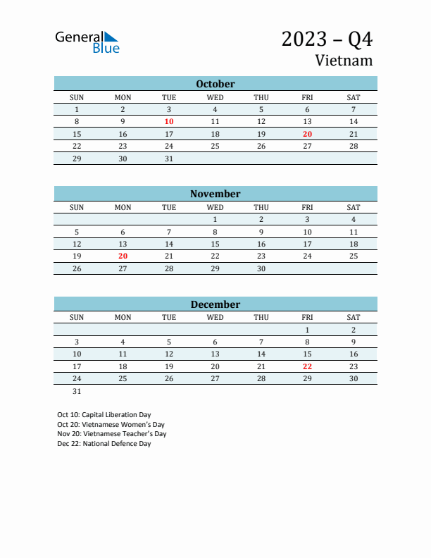 Three-Month Planner for Q4 2023 with Holidays - Vietnam
