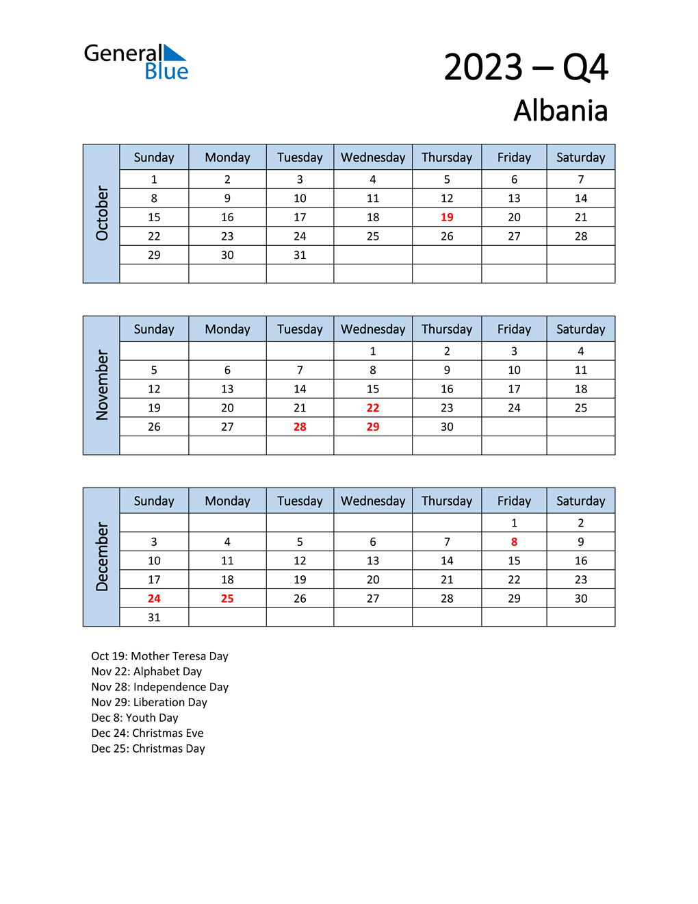 Free Q4 2023 Calendar for Albania