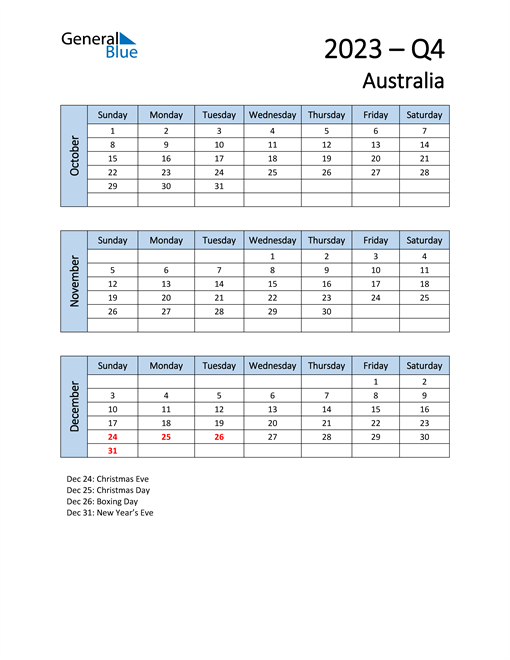 Q4 2023 Quarterly Calendar with Australia Holidays