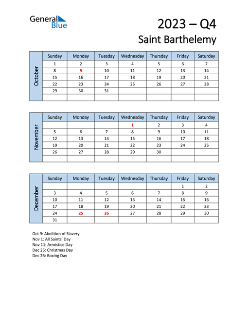  Free Q4 2023 Calendar for Saint Barthelemy