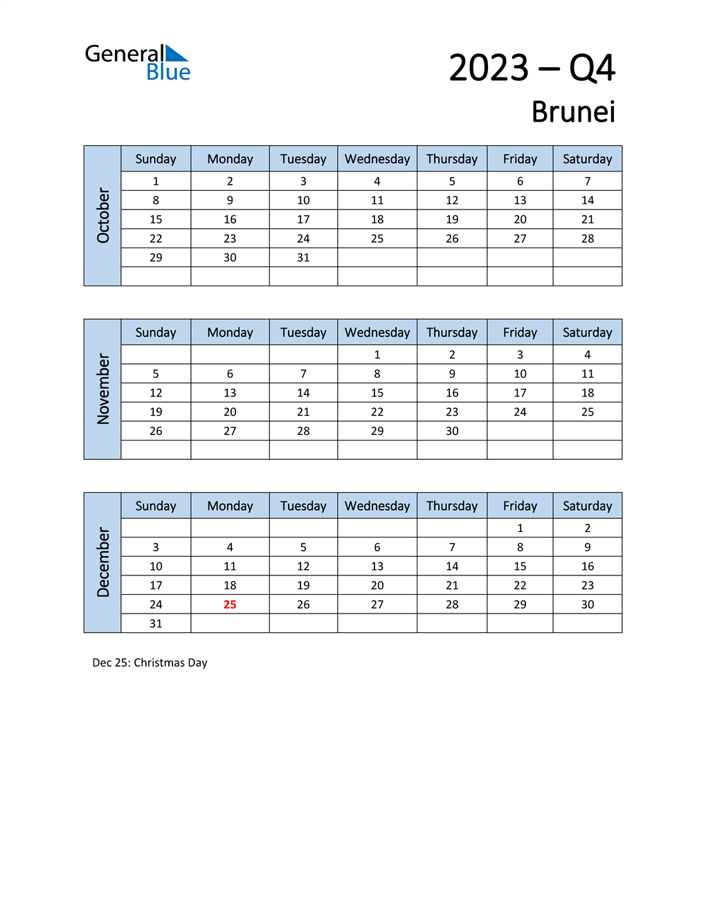 Q4 2023 Quarterly Calendar for Brunei