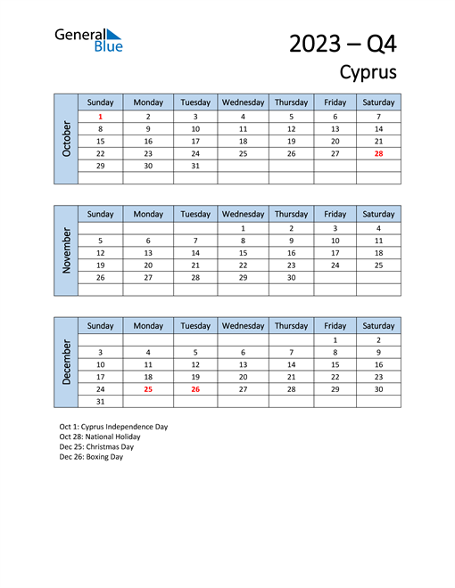 Q4 2023 Quarterly Calendar for Cyprus