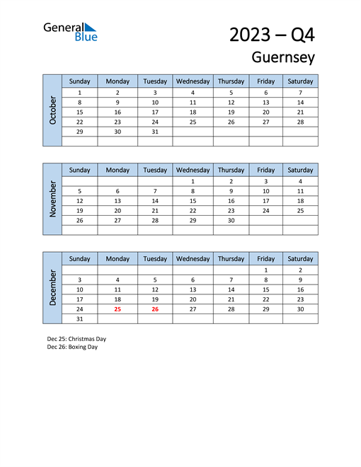  Free Q4 2023 Calendar for Guernsey