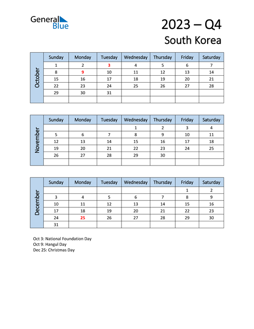 Q4 2023 Quarterly Calendar with South Korea Holidays