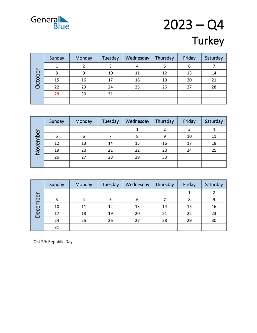  Free Q4 2023 Calendar for Turkey