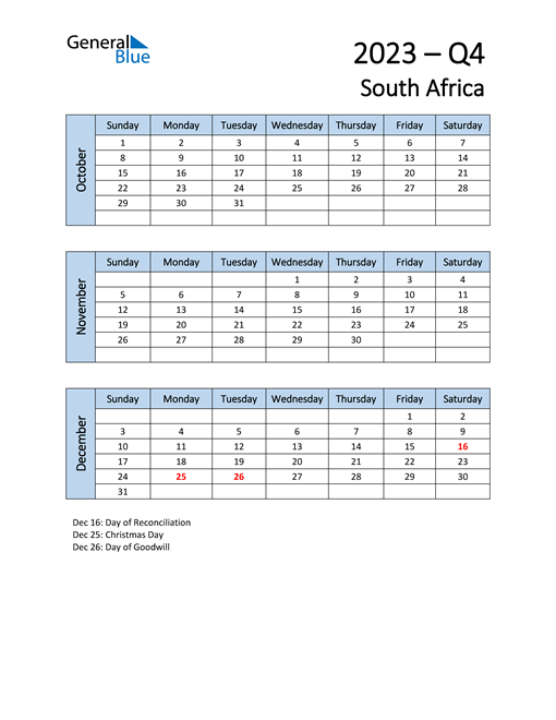  Free Q4 2023 Calendar for South Africa