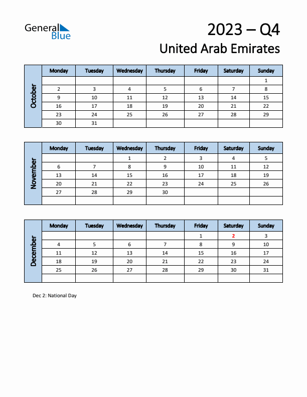 Free Q4 2023 Calendar for United Arab Emirates - Monday Start