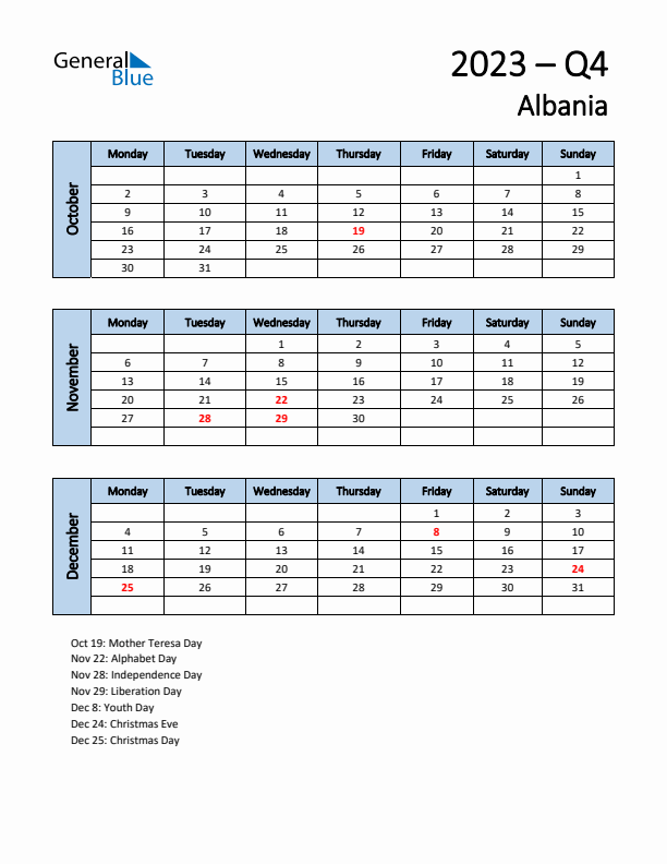 Free Q4 2023 Calendar for Albania - Monday Start