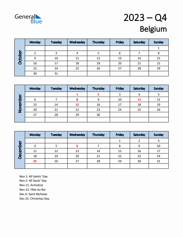 Free Q4 2023 Calendar for Belgium - Monday Start